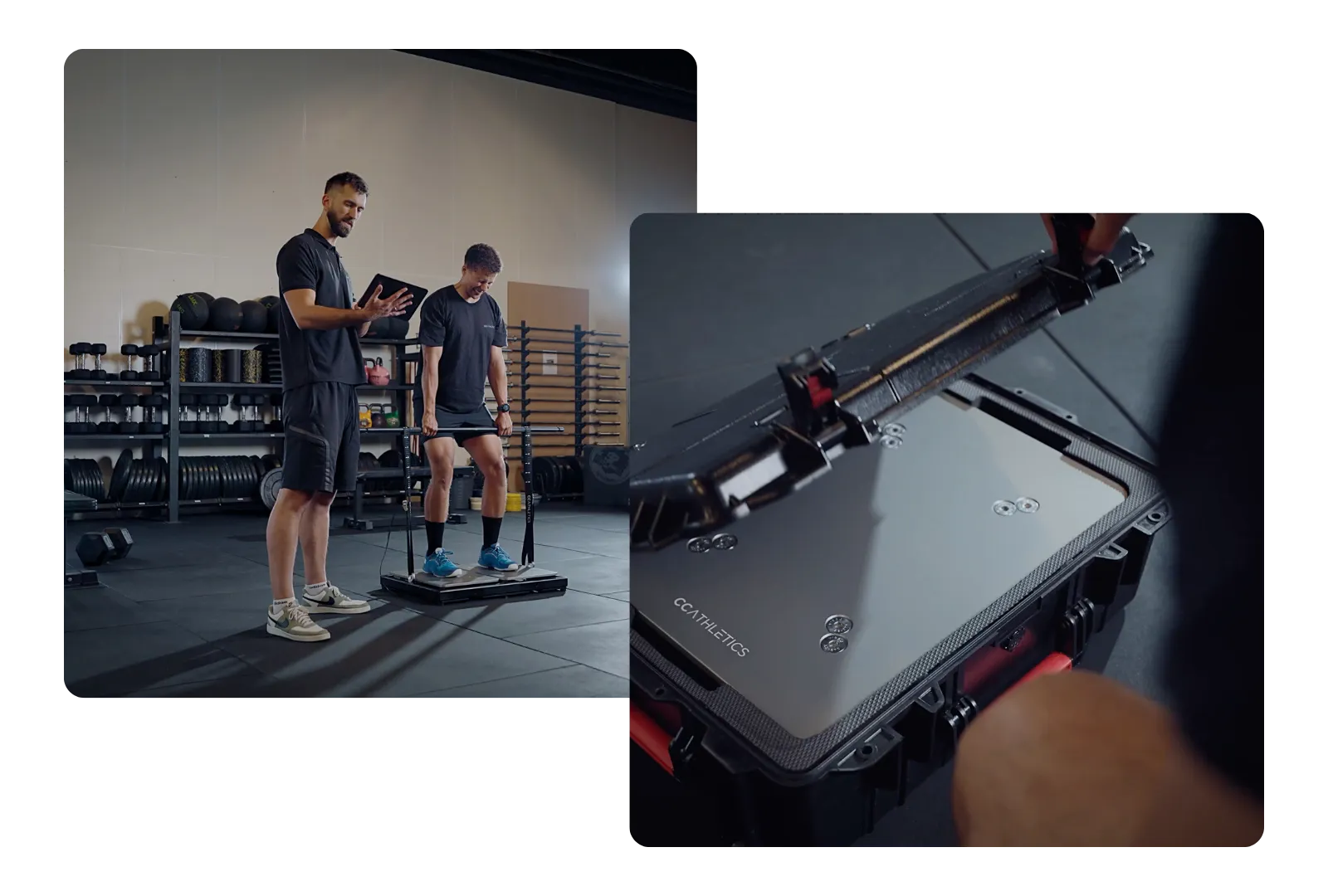 A coach and athlete running an isometric mid-thigh pull on PlateMate with the IMTP Platform, alongside a close-up of a PlateMate being lifted from its travel case.