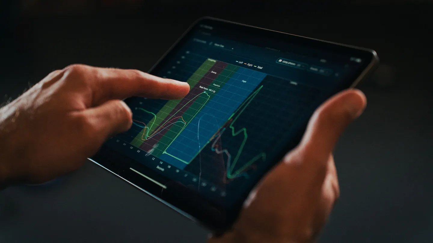 A force-time curve from a jump test on the ForceMate app, shown on a tablet