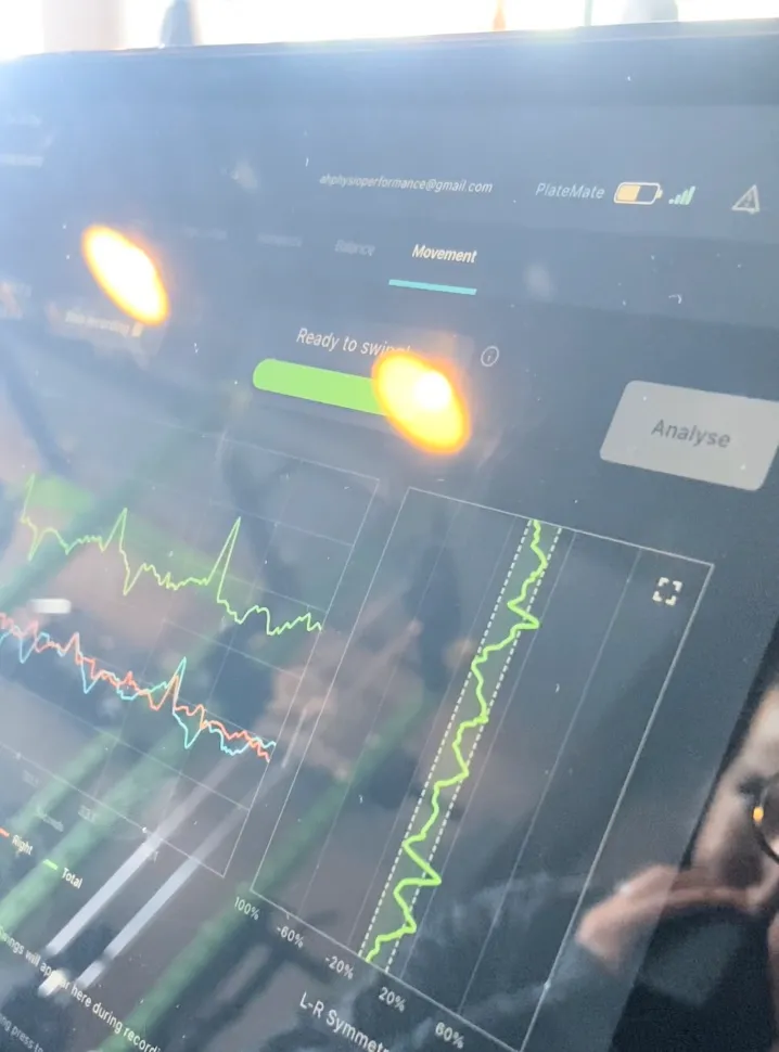 The ForceMate movement screen on a tablet showing left-right symmetry during a test