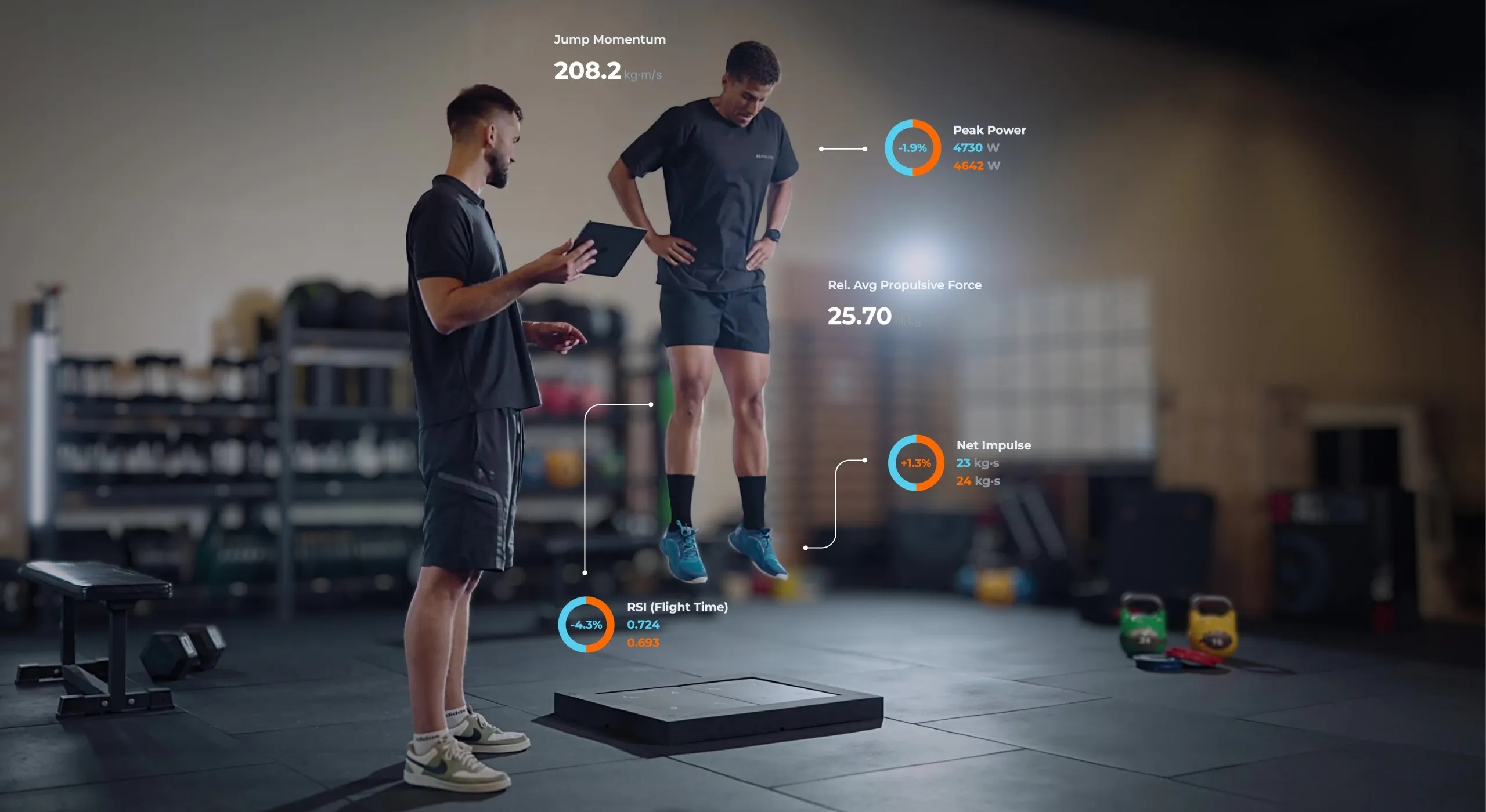 A coach with a tablet watching an athlete jump on a PlateMate force plate, with live jump metrics drawn over the scene.