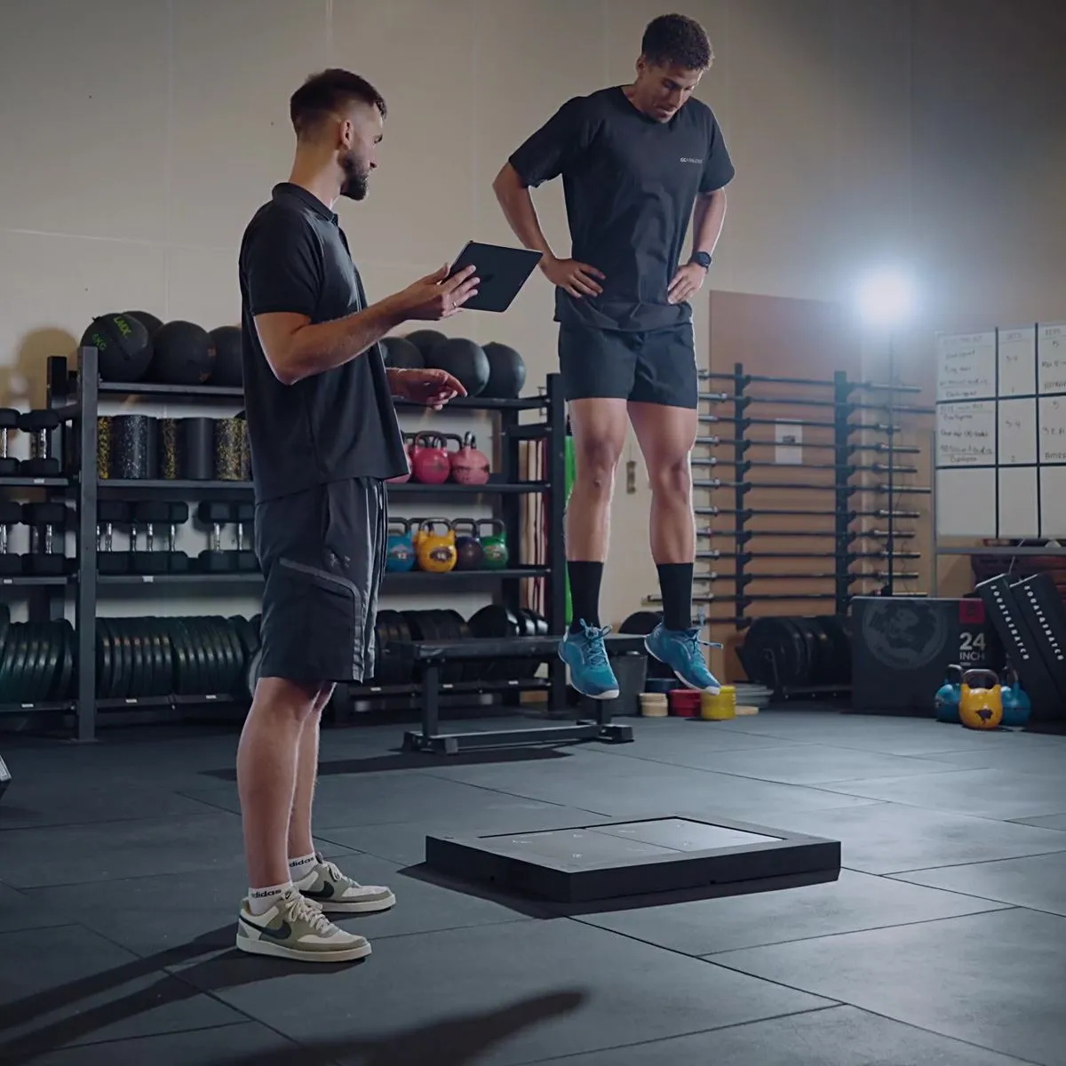 PlateMate in use for a countermovement jump test: athlete mid-air above the force plates on a gym floor, while a coach follows the result on a tablet