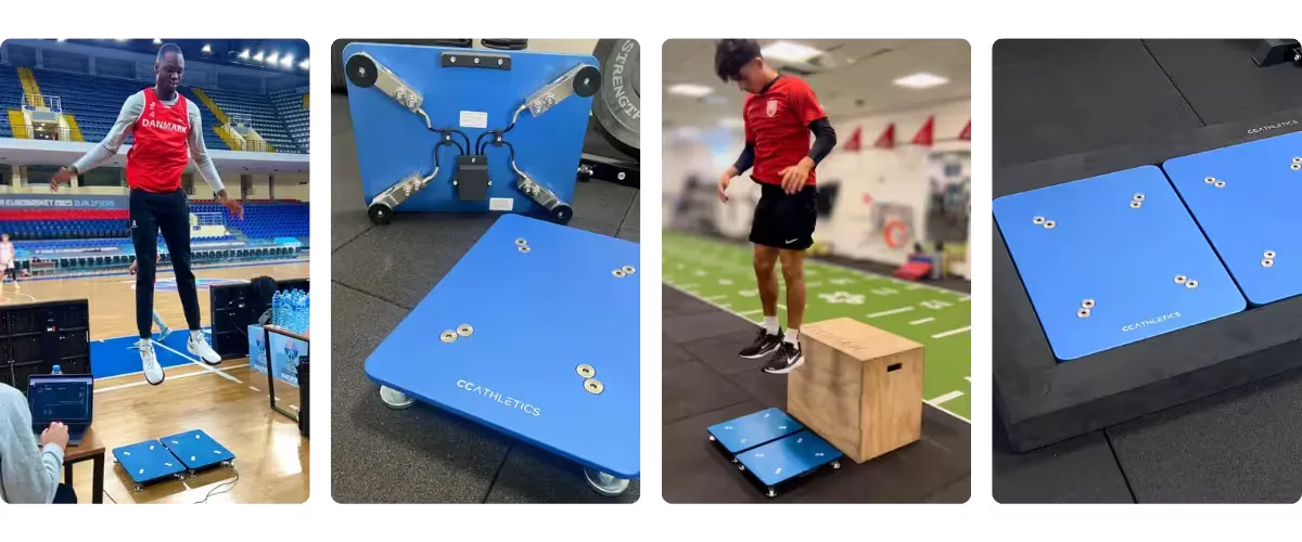 PlateMate force plates in use — an athlete jumping during testing, close-ups of the plates, and a drop-jump onto the plates