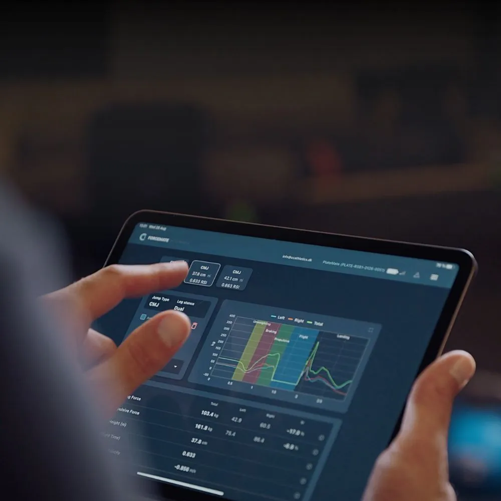 Jump test results and a force-time curve open in the ForceMate app on a tablet